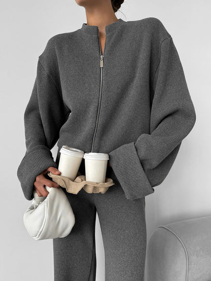Cardydony Women's Women's Knit 2 Piece Set – Zip Jacket and Wide Leg Pants Outfit