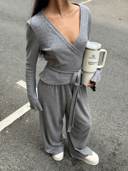 Cardydony Women's Gray Ribbed Knit Co Ord Set – Long Sleeve Crop Top & Wide Leg Pants