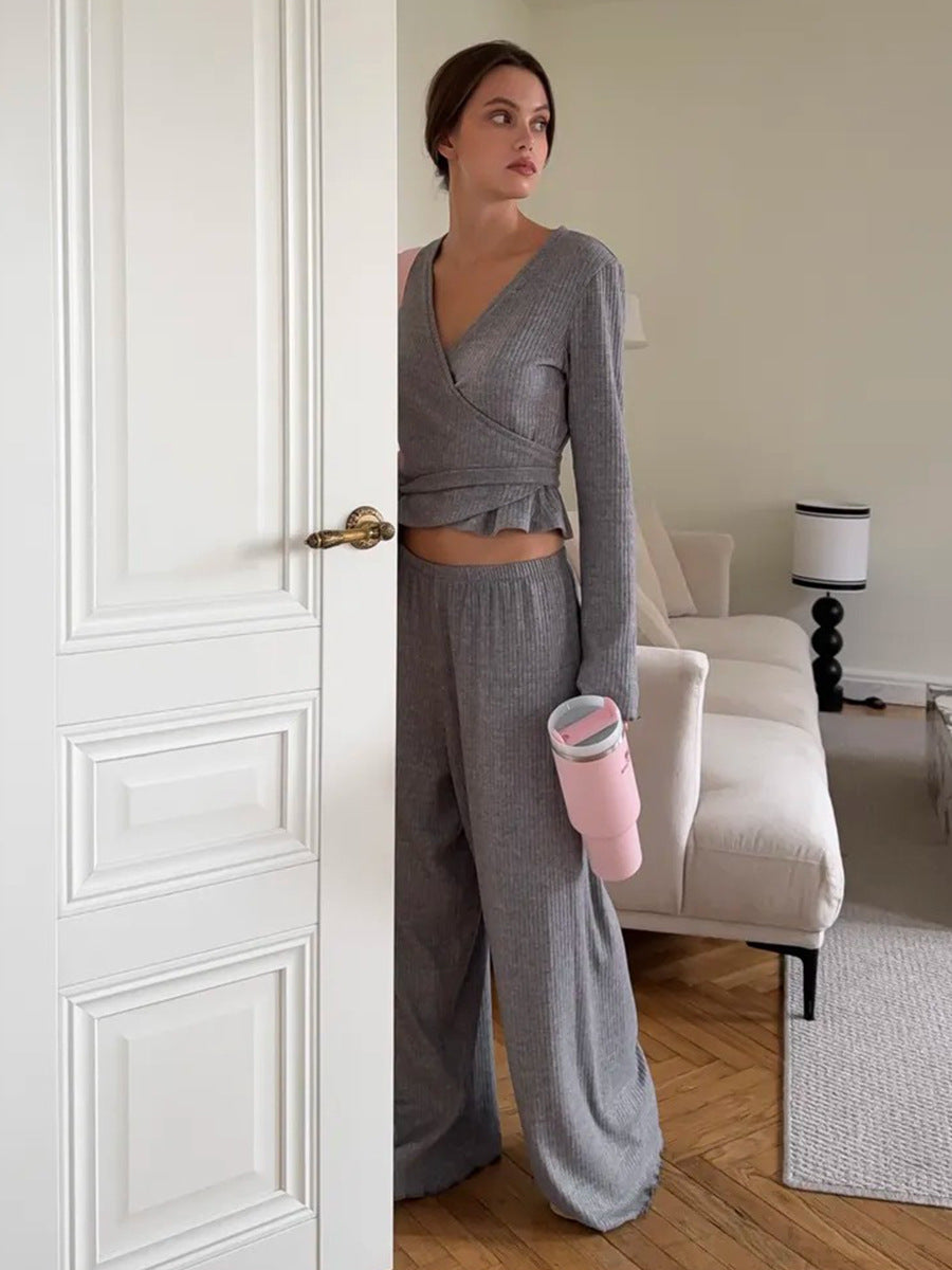 Cardydony Women's Gray Ribbed Knit Co Ord Set – Long Sleeve Crop Top & Wide Leg Pants