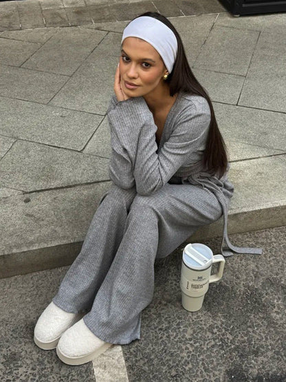 Cardydony Women's Gray Ribbed Knit Co Ord Set – Long Sleeve Crop Top & Wide Leg Pants
