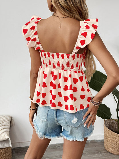 Cardydony Women's Red Heart Print Bow Top – Flowy Sleeveless Blouse for Summer Love Looks