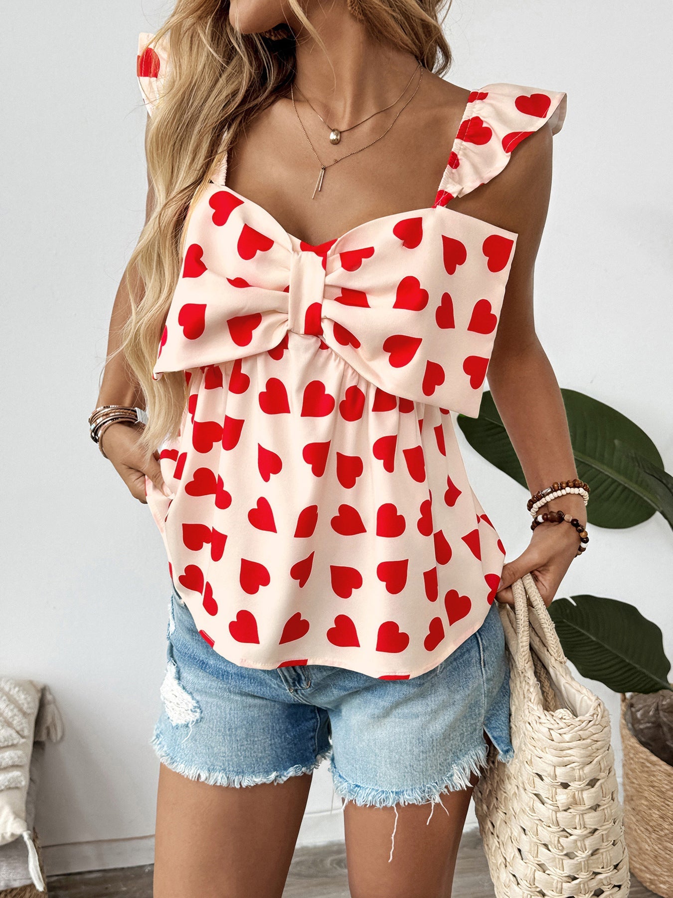 Cardydony Women's Red Heart Print Bow Top – Flowy Sleeveless Blouse for Summer Love Looks
