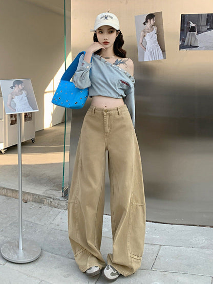 Cardydony Women's Wide Leg Jeans in Khaki & White | High Waist Curved Hem Vintage Trousers