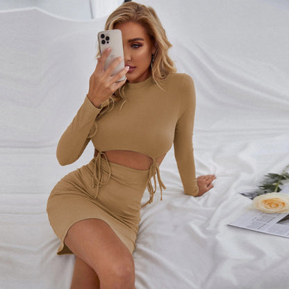 Cardydony Women's Women's Long Sleeve Mini Dress – Hollow-Out Crewneck Ruched Waist