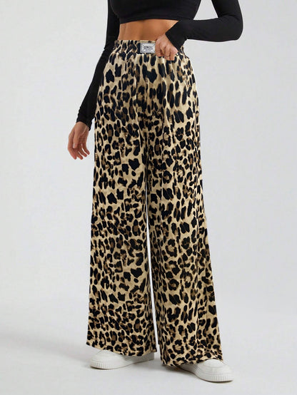 Cardydony Women's Leopard Print High Waist Wide Leg Pants – Streetwear Knit Trousers