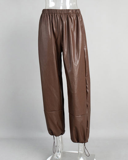 Cardydony Women's PU Leather Women's Pants – Wide Leg Streetwear Drawstring Trousers