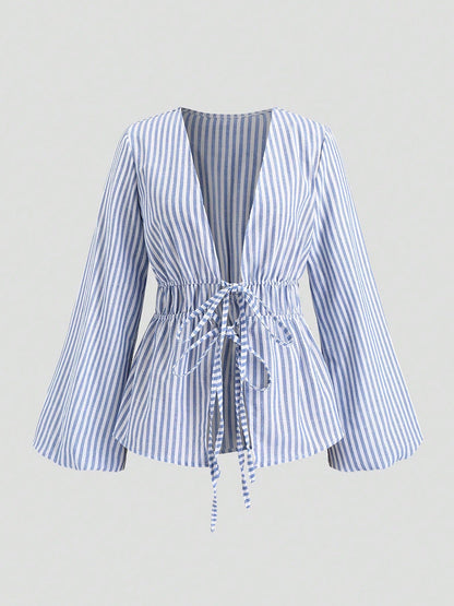 Cardydony Women's Blue Striped Tie Waist Long Sleeve Blouse – Women's Casual Top