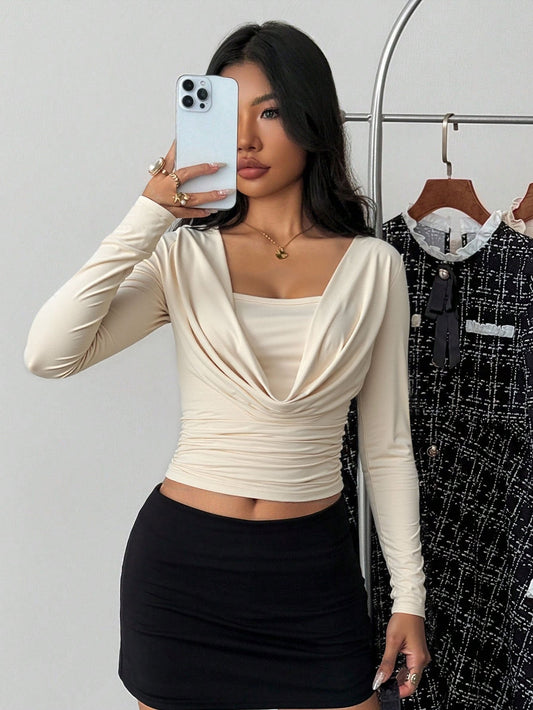 Cardydony Women's Women's Draped Long Sleeve Crop Top – Cowl Square Neck Ruched Top