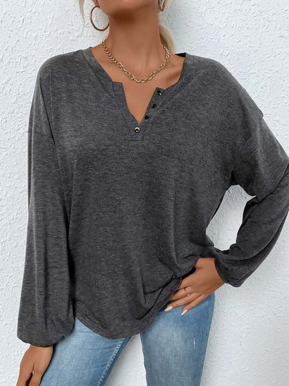 Cardydony Women's Women's Long Sleeve Henley T-Shirt – Relaxed Fit Split Neck Mélange Top