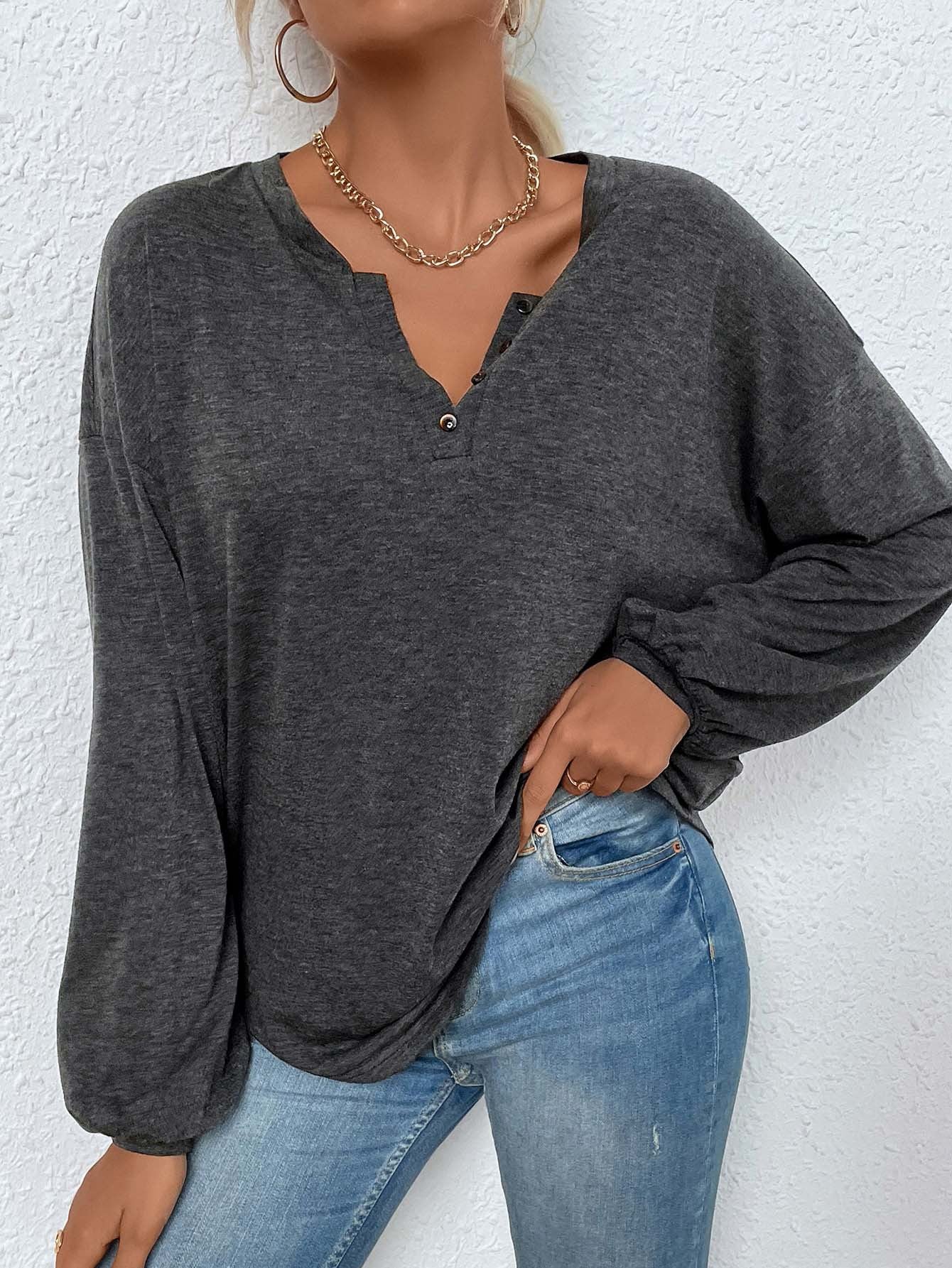 Cardydony Women's Women's Long Sleeve Henley T-Shirt – Relaxed Fit Split Neck Mélange Top