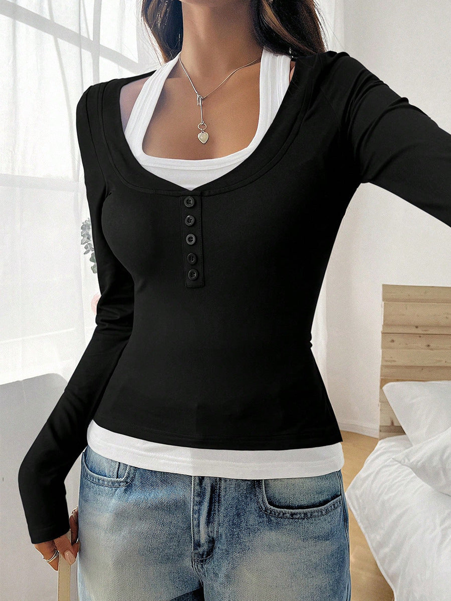 Cardydony Women's Women's Contrast Layered Long Sleeve Top – Faux Halter, Button Placket