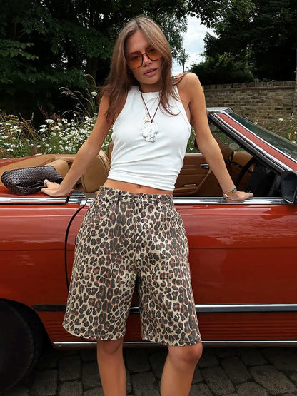 Cardydony Women's Low Waist Leopard Print Cotton Shorts | Retro Straight Fit Streetwear for Women