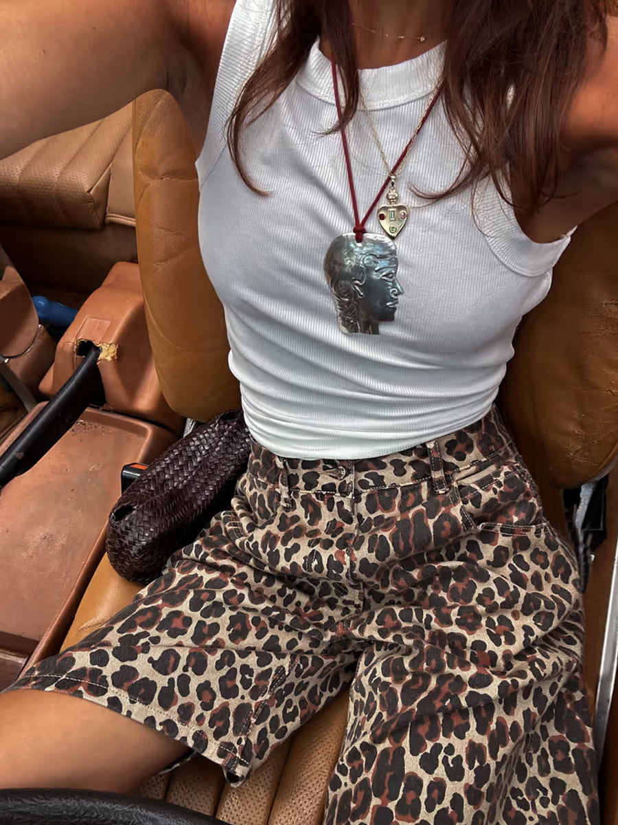 Cardydony Women's Low Waist Leopard Print Cotton Shorts | Retro Straight Fit Streetwear for Women