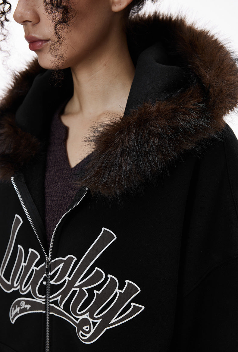 Cardydony Women's Fur Hood Zip Jacket for Women – Plush Streetwear, Oversized Cardigan