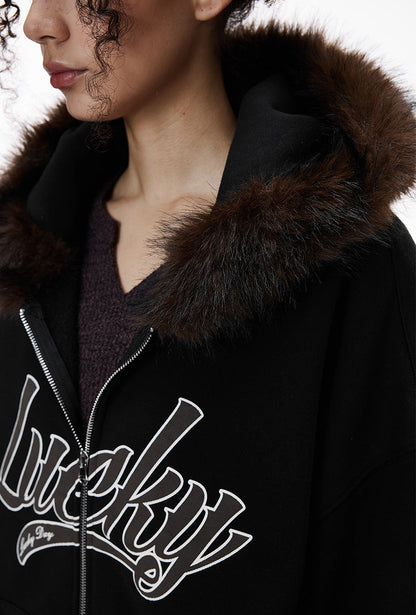 Cardydony Women's Fur Hood Zip Jacket for Women – Plush Streetwear, Oversized Cardigan