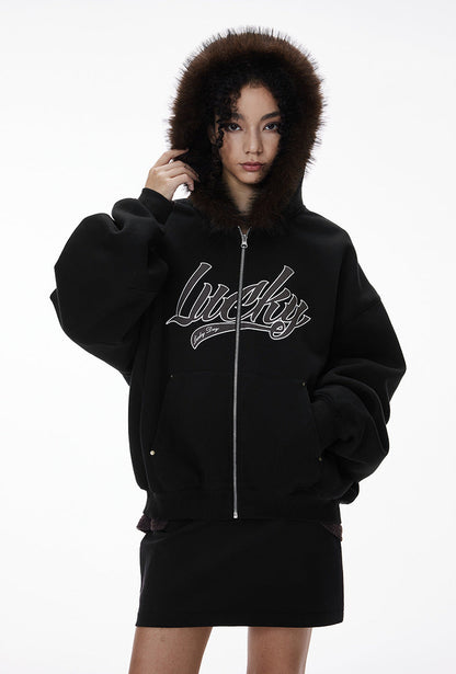 Cardydony Women's Fur Hood Zip Jacket for Women – Plush Streetwear, Oversized Cardigan