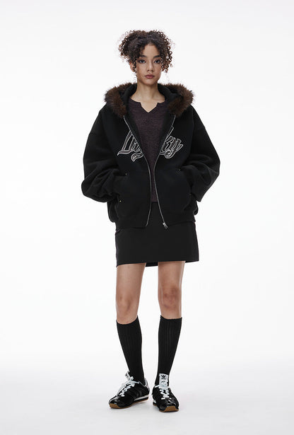 Cardydony Women's Fur Hood Zip Jacket for Women – Plush Streetwear, Oversized Cardigan