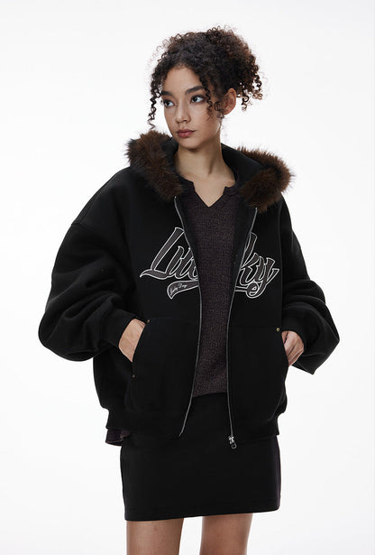 Cardydony Women's Fur Hood Zip Jacket for Women – Plush Streetwear, Oversized Cardigan