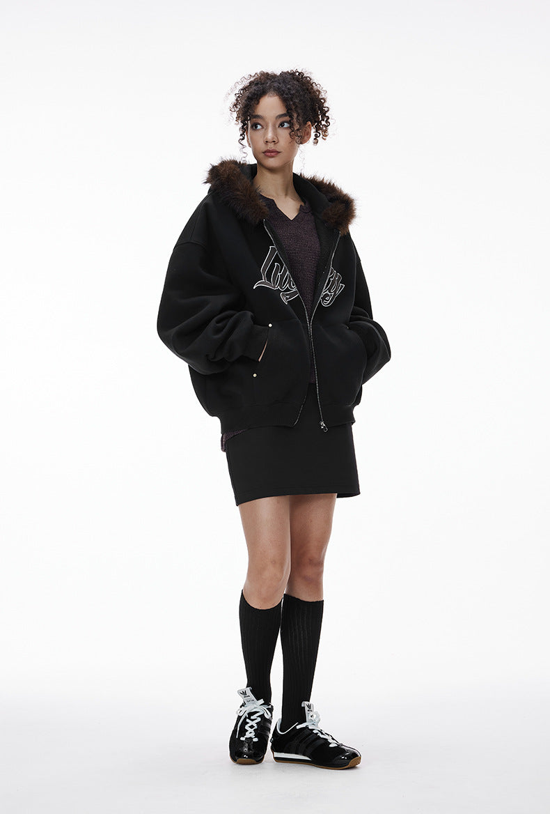Cardydony Women's Fur Hood Zip Jacket for Women – Plush Streetwear, Oversized Cardigan