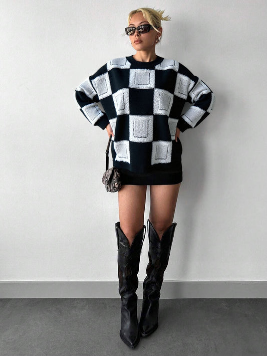 Cardydony Women's Geometric Checkered Mock Neck Knit – Oversized Pullover Sweater