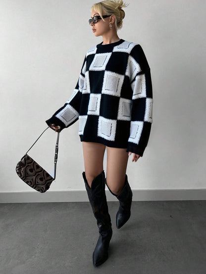 Cardydony Women's Geometric Checkered Mock Neck Knit – Oversized Pullover Sweater