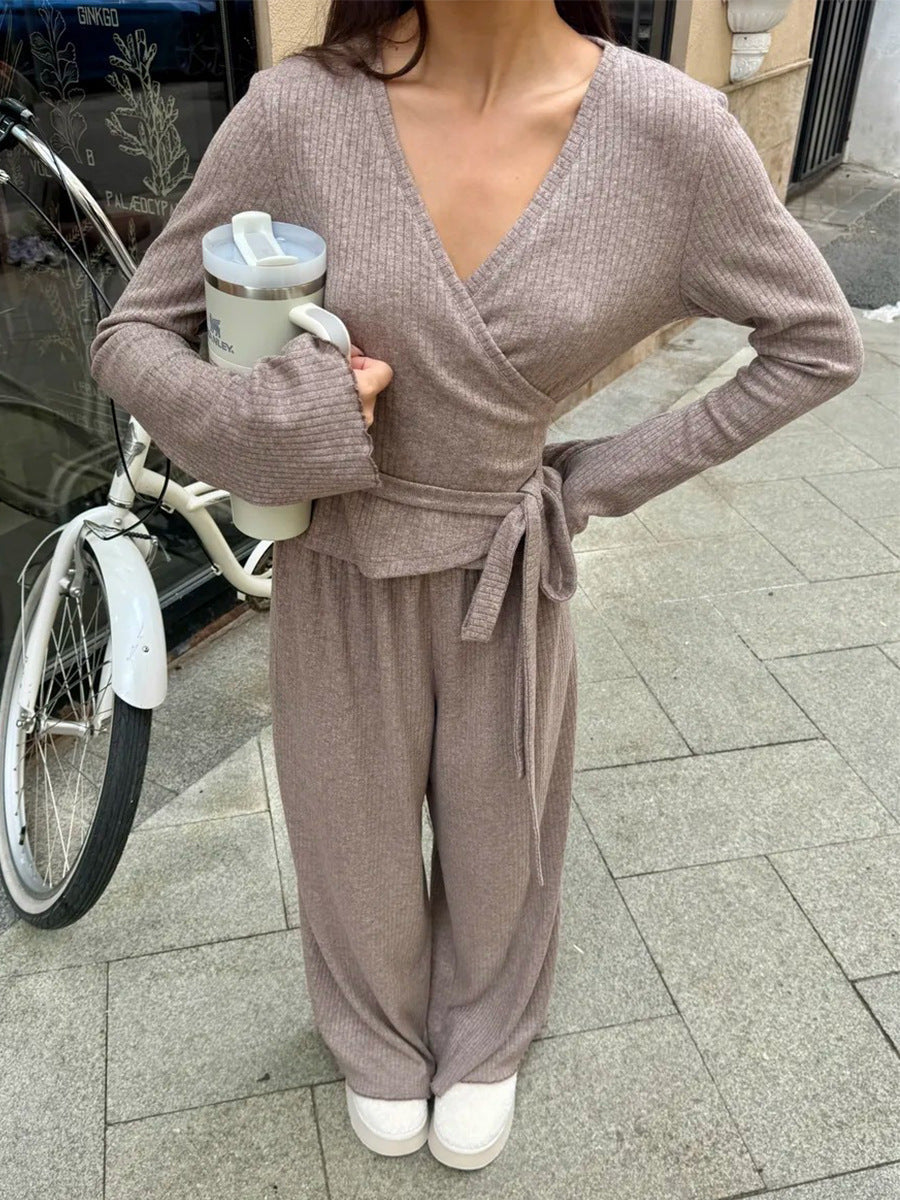 Cardydony Women's Gray Ribbed Knit Co Ord Set – Long Sleeve Crop Top & Wide Leg Pants