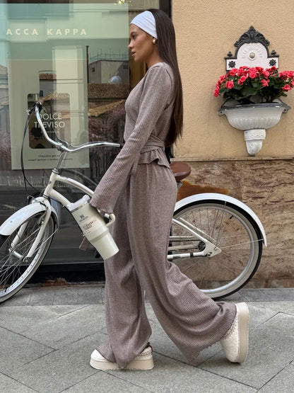 Cardydony Women's Gray Ribbed Knit Co Ord Set – Long Sleeve Crop Top & Wide Leg Pants