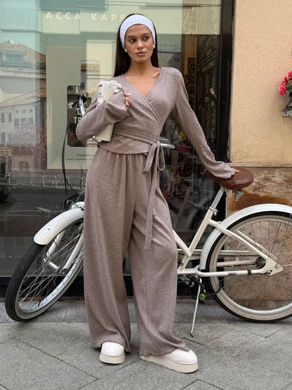 Cardydony Women's Gray Ribbed Knit Co Ord Set – Long Sleeve Crop Top & Wide Leg Pants
