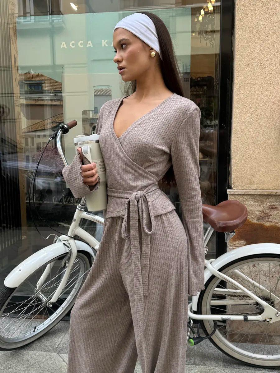 Cardydony Women's Gray Ribbed Knit Co Ord Set – Long Sleeve Crop Top & Wide Leg Pants