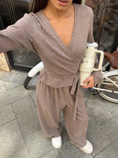 Cardydony Women's Gray Ribbed Knit Co Ord Set – Long Sleeve Crop Top & Wide Leg Pants