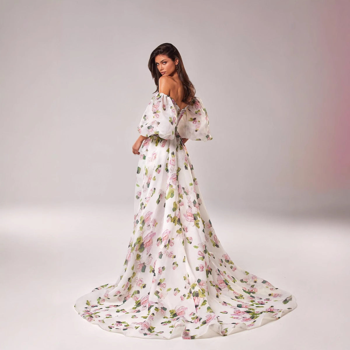 Cardydony Women's Off Shoulder Puff Sleeve Floral Maxi Dress – Sweetheart Slit Overlay Gown