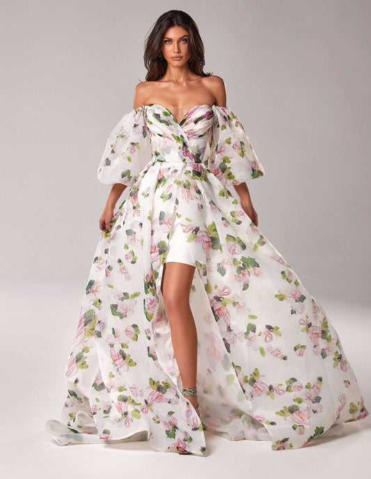 Cardydony Women's Off Shoulder Puff Sleeve Floral Maxi Dress – Sweetheart Slit Overlay Gown