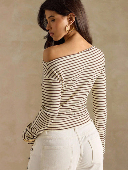 Cardydony Women's Khaki Striped Off Shoulder Rib Knit – Slim Fit Long Sleeve Top