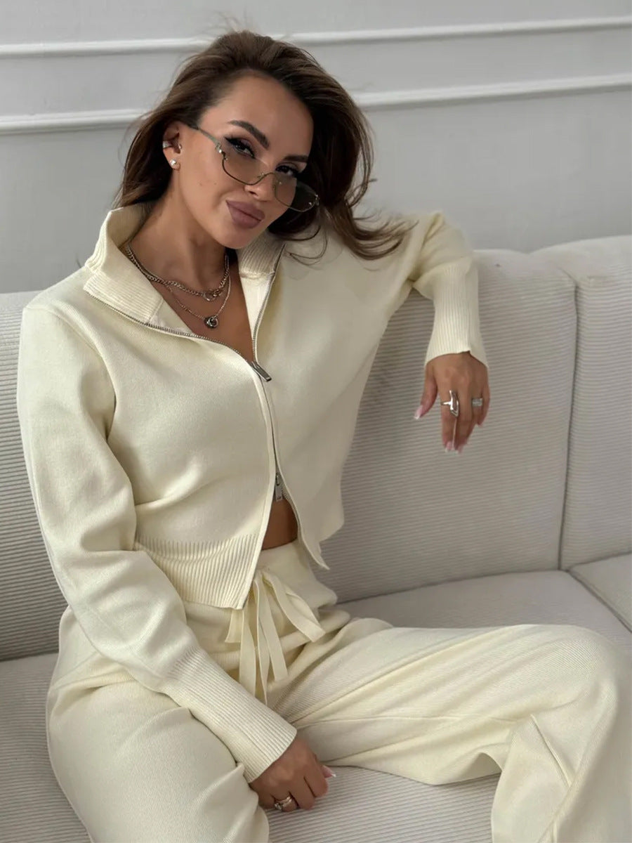Cardydony Women's Women's Knit 2 Piece Set – Drawstring Wide Leg Pants with Zip Jacket Top