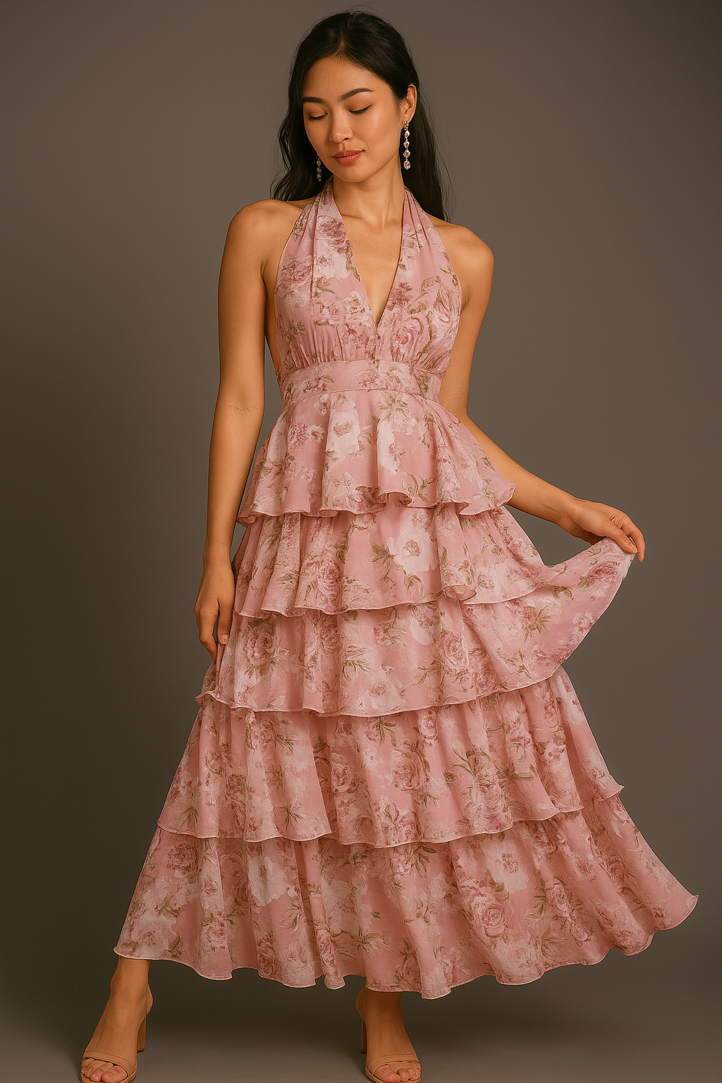 Cardydony Women's Halter Tiered Ruffle Maxi Dress with Floral Print & Waist Detail – Boho Look