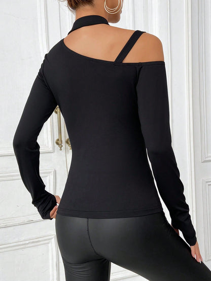Cardydony Women's Women's One Shoulder Long Sleeve Top – Asymmetric Metal Strap Choker