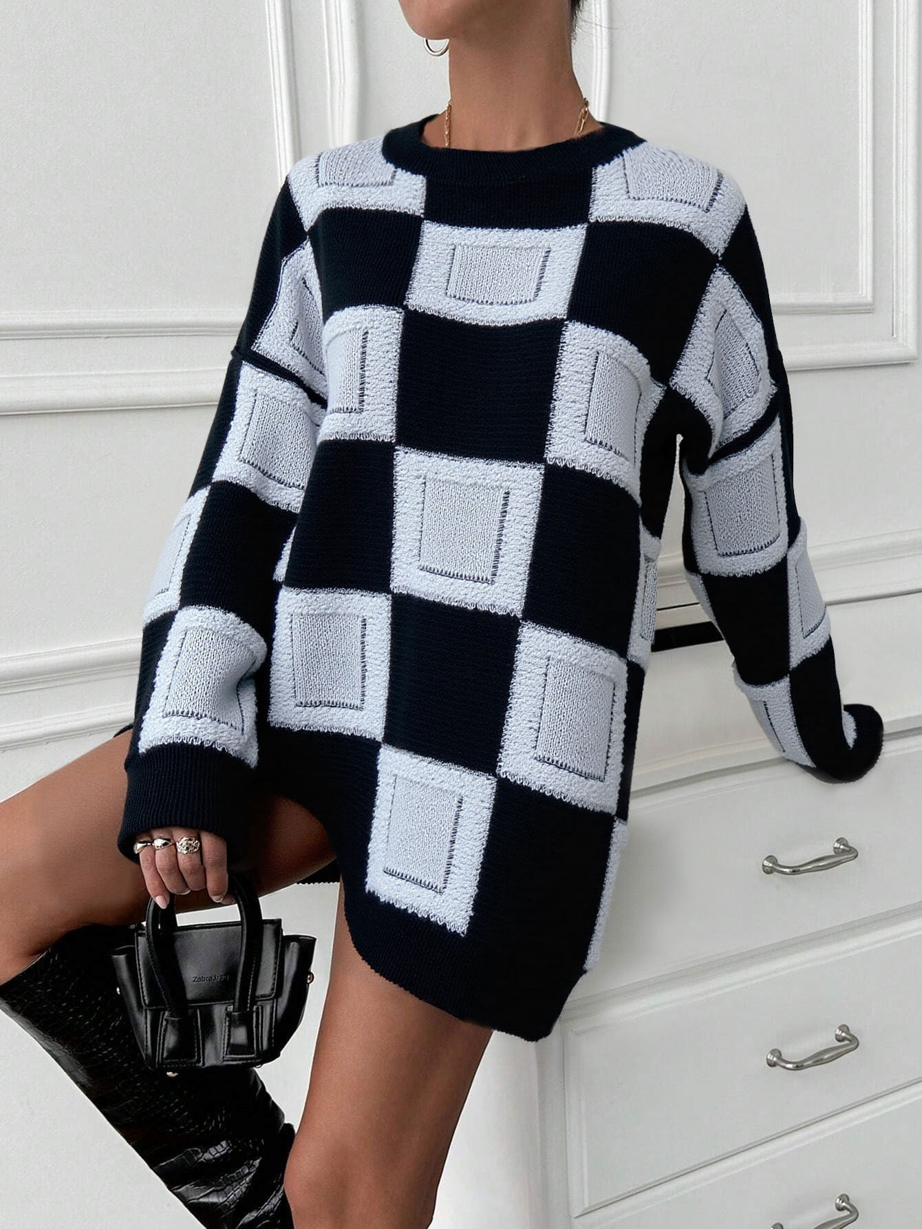 Cardydony Women's Geometric Checkered Mock Neck Knit – Oversized Pullover Sweater