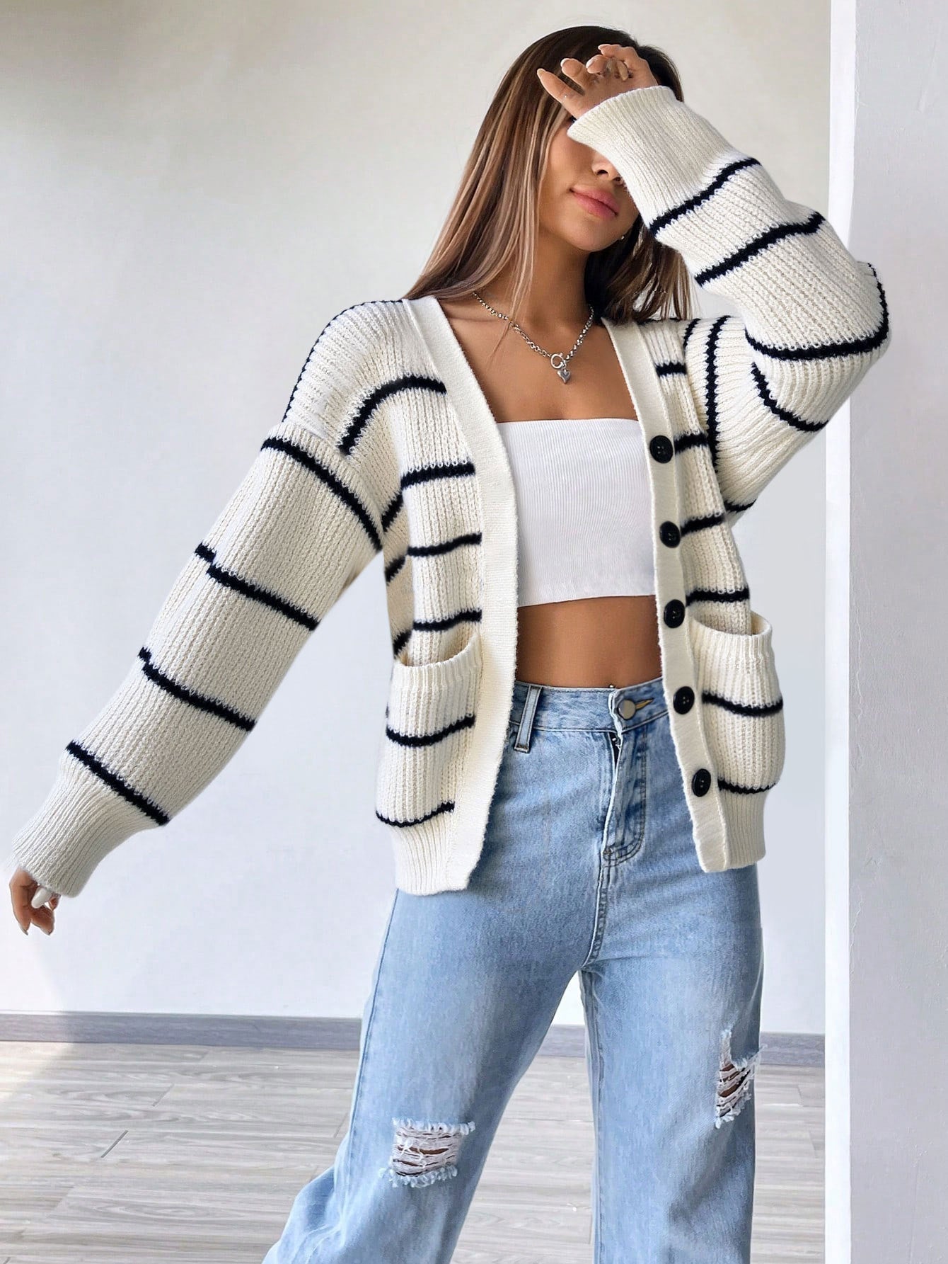 Cardydony Women's White Black Striped Oversized Knit Cardigan – Fall Button Sweater