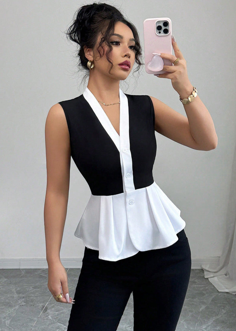 Cardydony Women's Sleeveless Peplum Top for Women – Elegant Black and White Blouse