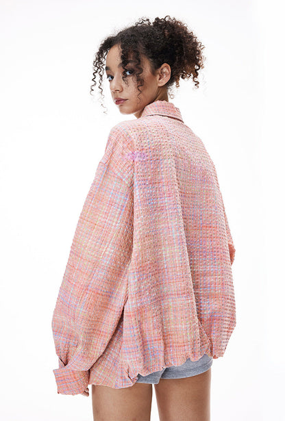 Cardydony Women's Plaid Shirt Oversized Button Up Seersucker Texture Curved Hem – Women's Layer