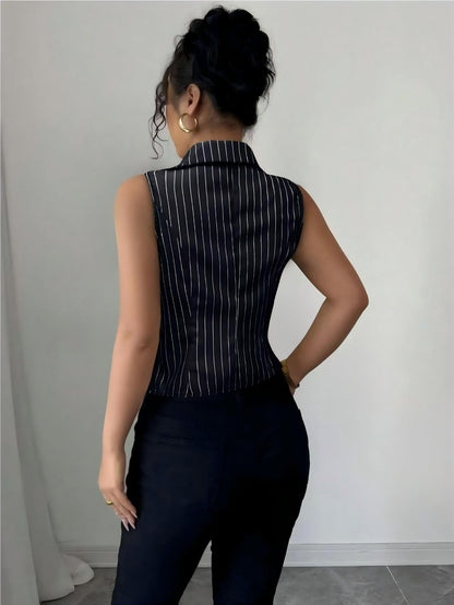 Cardydony Women's Tailored Pinstripe Sleeveless Shirt Top with Button Front – Summer Workwear