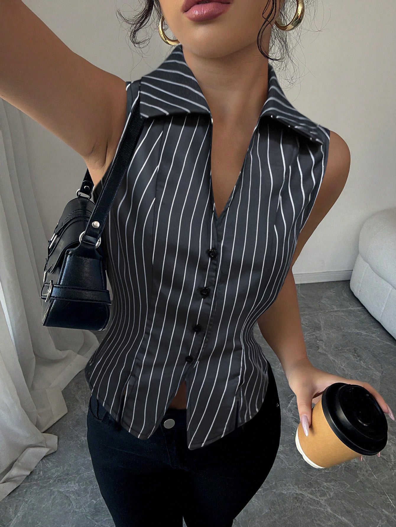 Cardydony Women's Tailored Pinstripe Sleeveless Shirt Top with Button Front – Summer Workwear