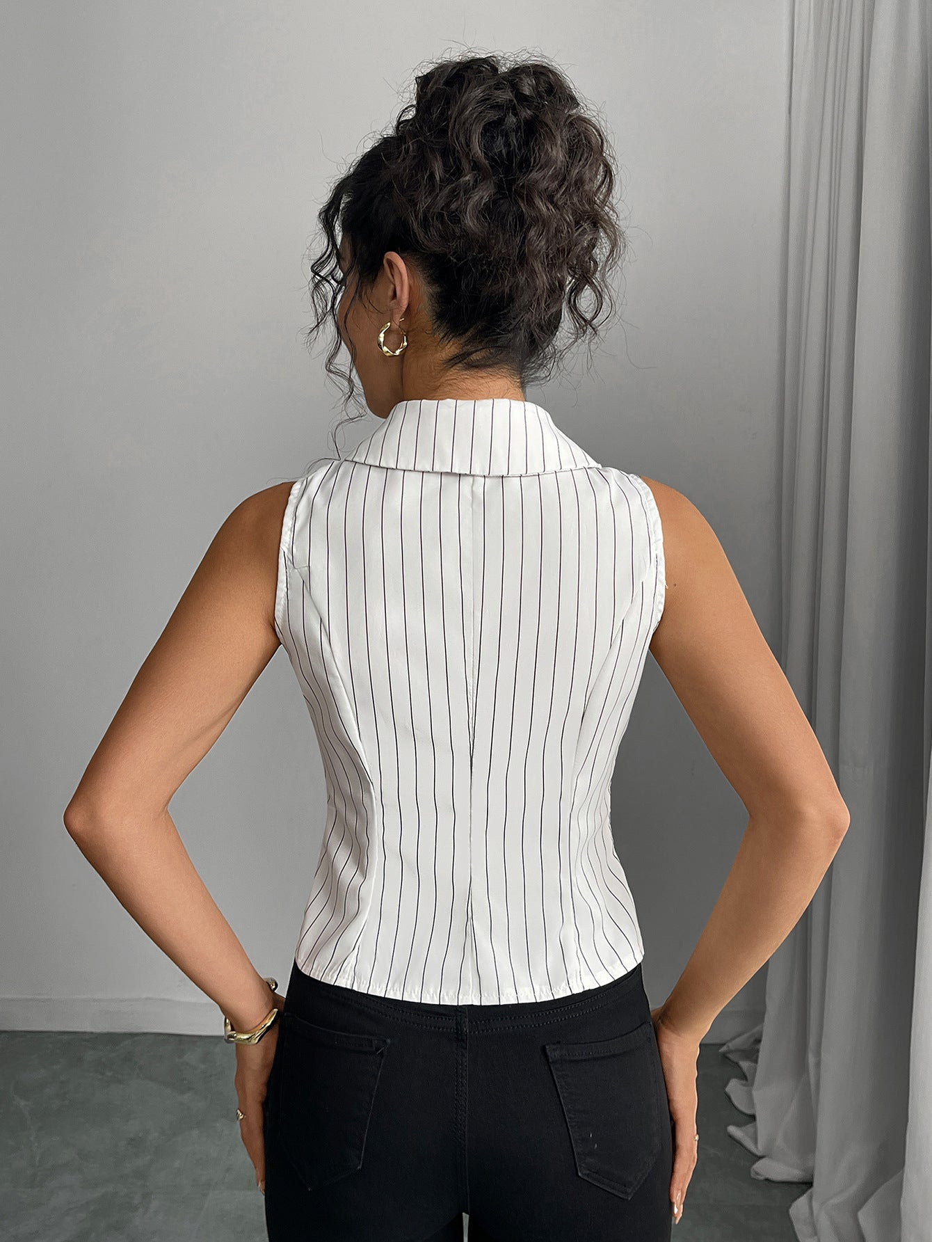 Cardydony Women's Tailored Pinstripe Sleeveless Shirt Top with Button Front – Summer Workwear