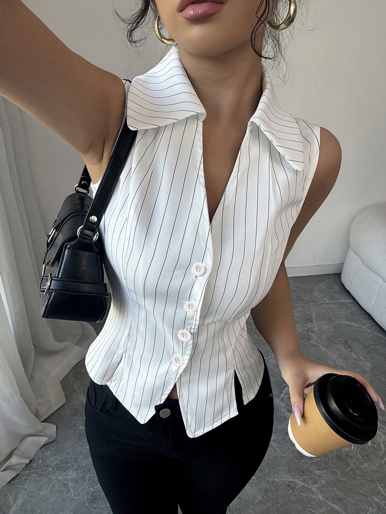 Cardydony Women's Tailored Pinstripe Sleeveless Shirt Top with Button Front – Summer Workwear