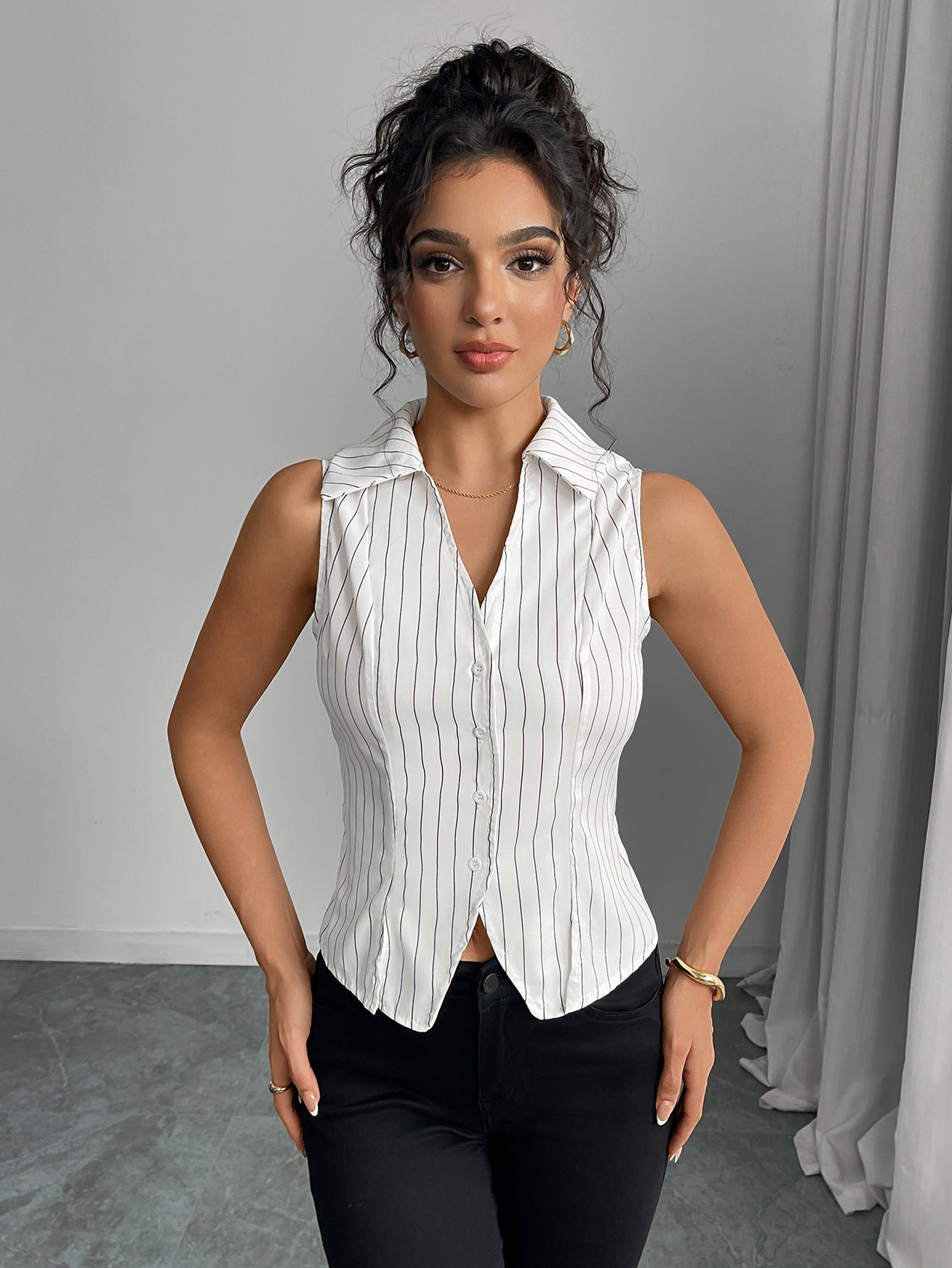 Cardydony Women's Tailored Pinstripe Sleeveless Shirt Top with Button Front – Summer Workwear