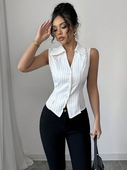 Cardydony Women's Tailored Pinstripe Sleeveless Shirt Top with Button Front – Summer Workwear