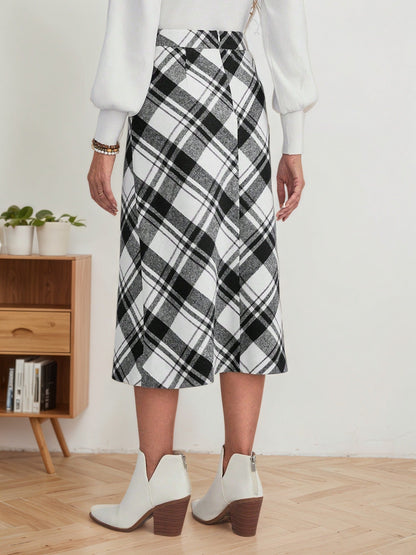 Cardydony Women's Black White Plaid High Waisted A-Line Skirt – Fall Midi Skirt