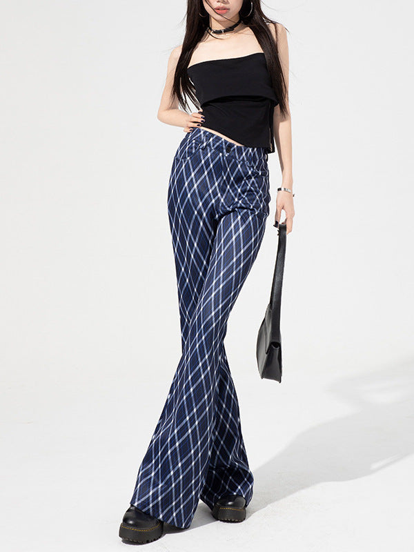 Cardydony Women's Plaid High-Waist Flared Pants | Tailored Work Trousers with Retro Charm for Women