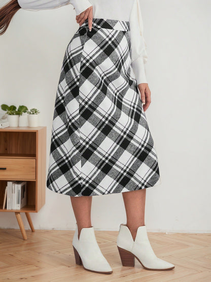 Cardydony Women's Black White Plaid High Waisted A-Line Skirt – Fall Midi Skirt