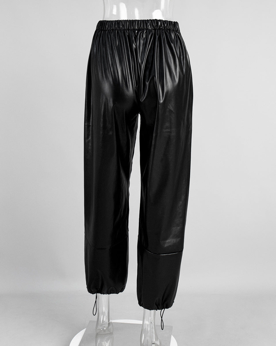 Cardydony Women's PU Leather Women's Pants – Wide Leg Streetwear Drawstring Trousers